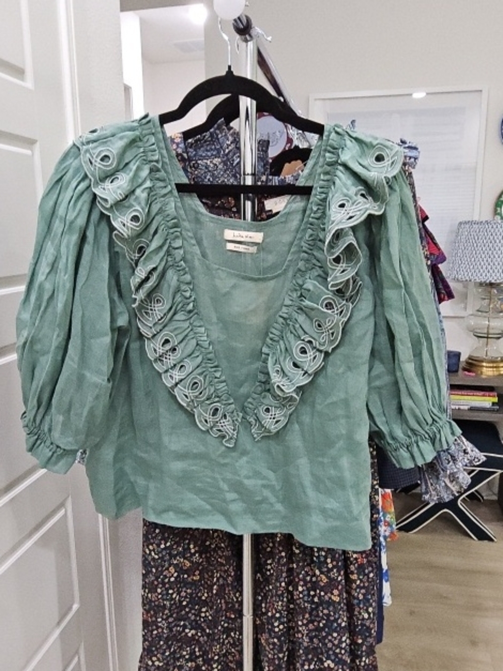 Sage Green Ruffle-Trim V-Neck Blouse